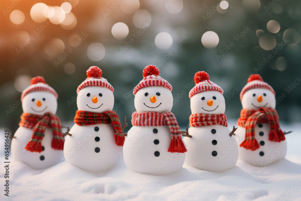 Christmas snowman greeting card, snowmen in a row