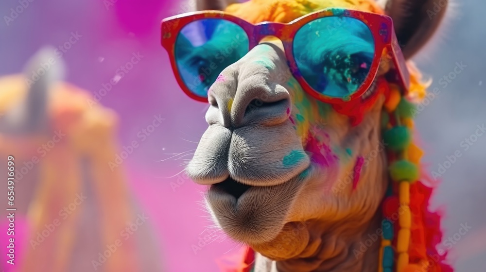 Funny camel in sunglasses on Holi festival of colors in India, close up portrait.