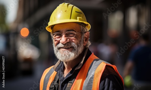 Portrait of smiling worker mature man in helmet. Male engineer wearing safety vest and hard hat standing in manufacturing or construction site. Positive emotion good job.