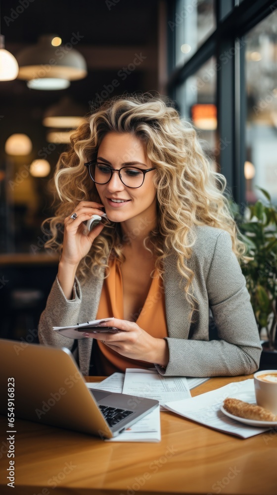 Businesswoman on phone with papers and laptop Businesswoman on phone with papers and laptop