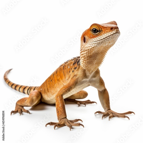 Orange-hued lizard, distinct frill detail, alert expression, seated posture, white background