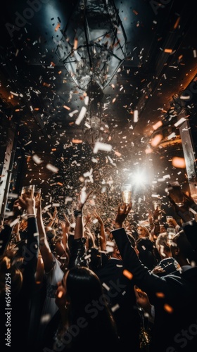 Revelers toast with popping champagne bottle