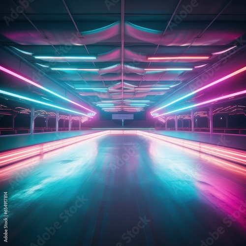 Neon Lights Vintage Empty Skating Rink Photo Realism Surreal Vaporwave 