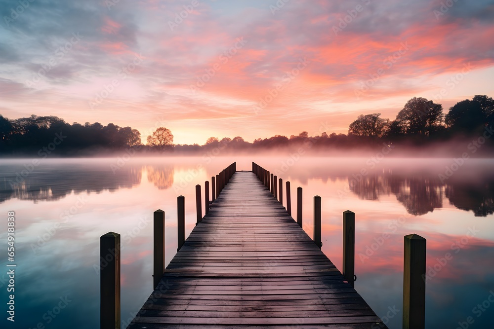 Sunset on the lake, bridge and fog, soft pastel colors, screensaver for your computer or phone desktop Sunset on the lake, bridge and fog, soft pastel colors, screensaver for your computer or phone desktop