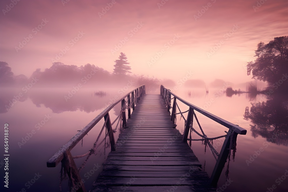 Sunset on the lake, bridge and fog, soft pastel colors, screensaver for your computer or phone desktop