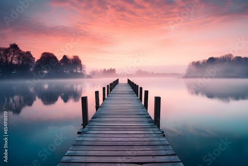 Sunset on the lake, bridge and fog, soft pastel colors, screensaver for your computer or phone desktop photo