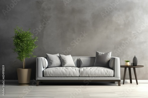 Contemporary gray sofa in living room, grey tones, simple minimalistic interior space, accent plants and end table, 3D rendering