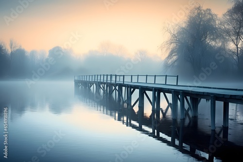 Sunset on the lake, bridge and fog, soft pastel colors, screensaver for your computer or phone desktop © shustrilka