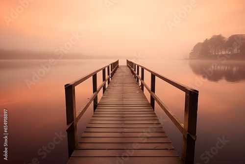 Sunset on the lake  bridge and fog  soft pastel colors  screensaver for your computer or phone desktop