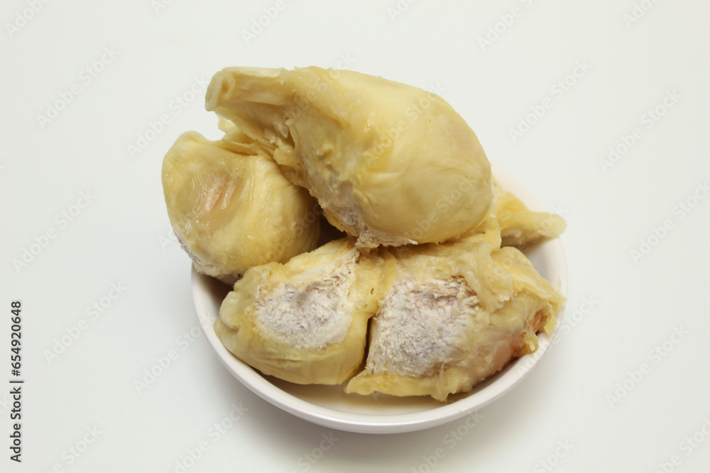 Durian fruit flesh on a white bowl, isolated on white background