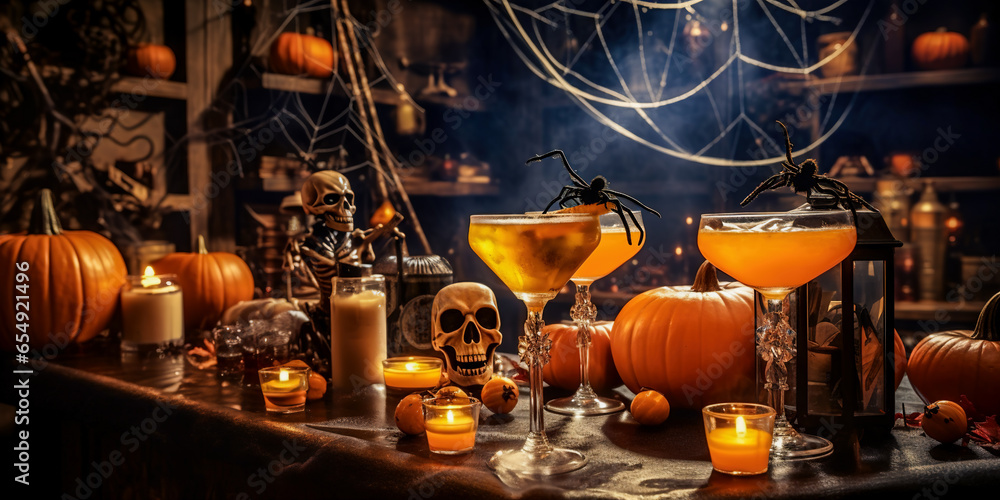 Spooky cocktails on a table at night bar. Halloween cocktail and candles. Special spooky red autumn drink for party. halloween theme. Spooky cocktails on a table at night bar. Halloween cocktail and candles. Special spooky red autumn drink for party. halloween theme.