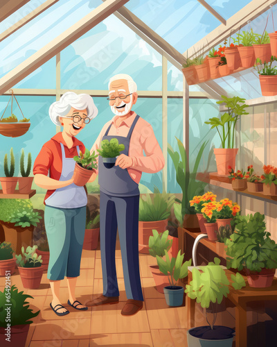 Generative AI  happy elderly man and woman working in the garden  greenhouse  hobby for the elderly  gardening  pots  flowers  plants  pensioners  old age  grandparents  vegetable garden  grandfather