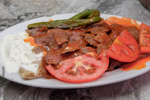 iskender made from doner kebab in Turkish cuisine photo