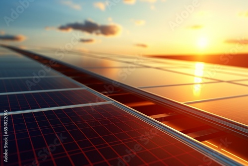 Close-up 3D rendering of solar panel against vibrant sunset, symbolizing clean energy, technology, electricity, sustainability. Generative AI