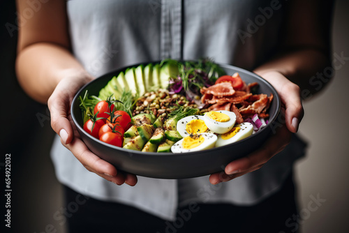 Healthy Delight: Woman Holding Fresh Beef Cobb Salad Bowl