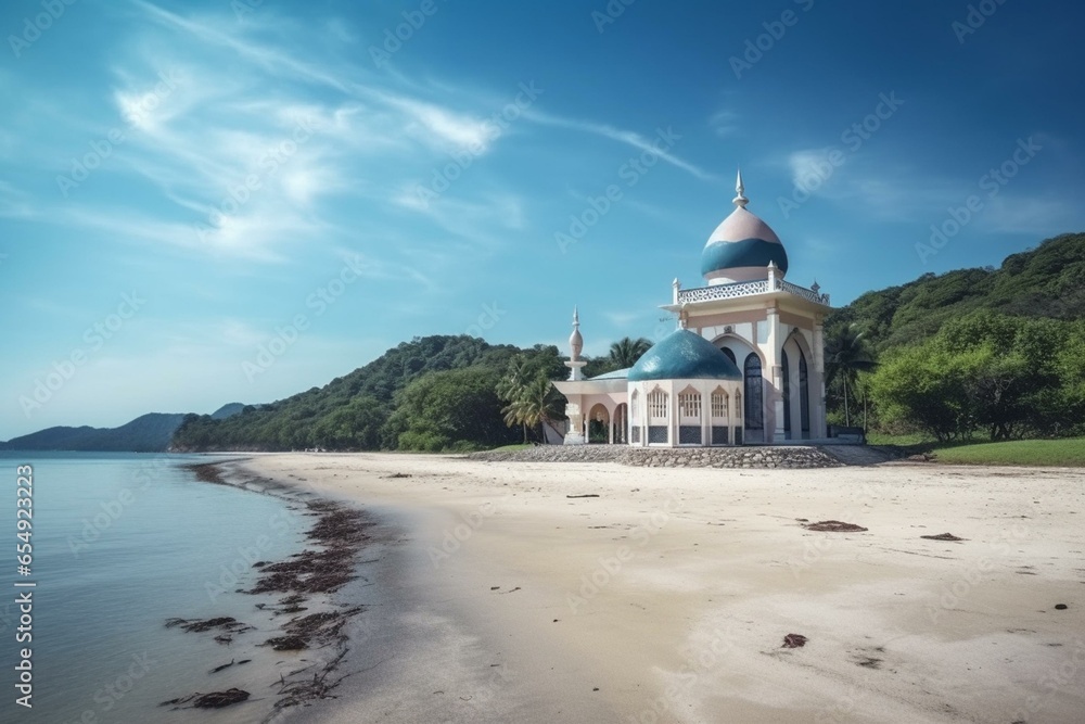 Scenic mosque beside beach. Generative AI