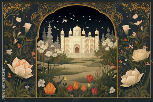 Illustrated frame of a classic Mughal garden, perfect for a wedding invitation. Generative AI photo
