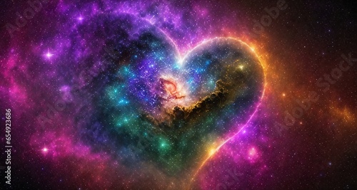 Illustration of a heart in space against a background of nebulae, star clusters and galaxies