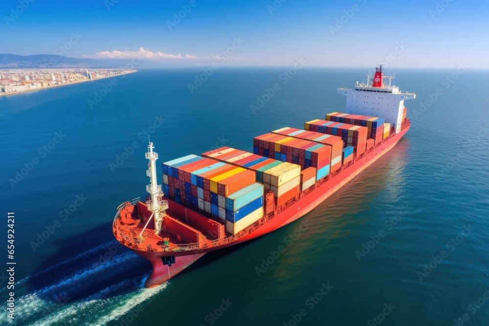 Aerial photo of a container ship at sunset. Sea freight is one of the most important engines of the modern economy. AI generated image.