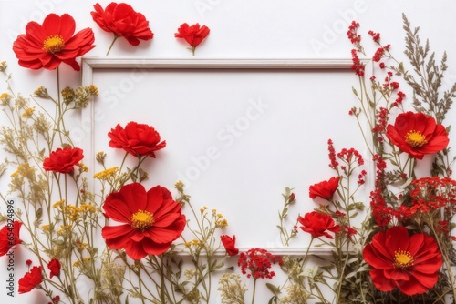 poppies in a frame, frame with flowers, framework for photo or invitation, wildflowers, copy space