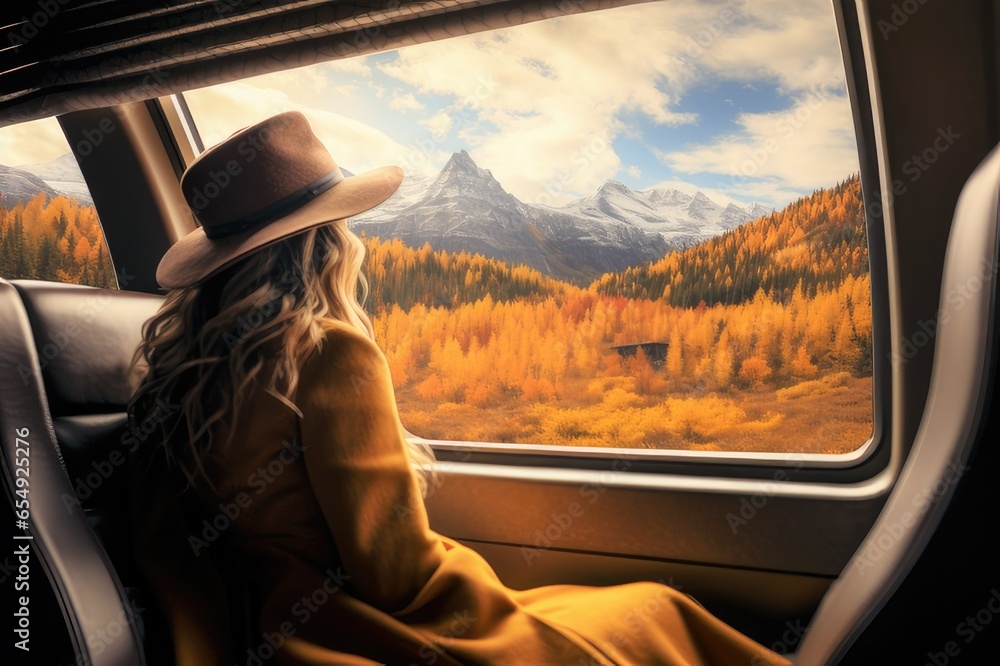 A cinematic and symmetrical shot of a female traveler hanging out of a train window, looking at an amazing landscape of autumn mountains