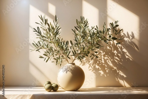 Elegant Mediterranean Living: Ball Shaped Vase and Olive Tree Branch. Sunlight with long shadows. Empty copy space. 