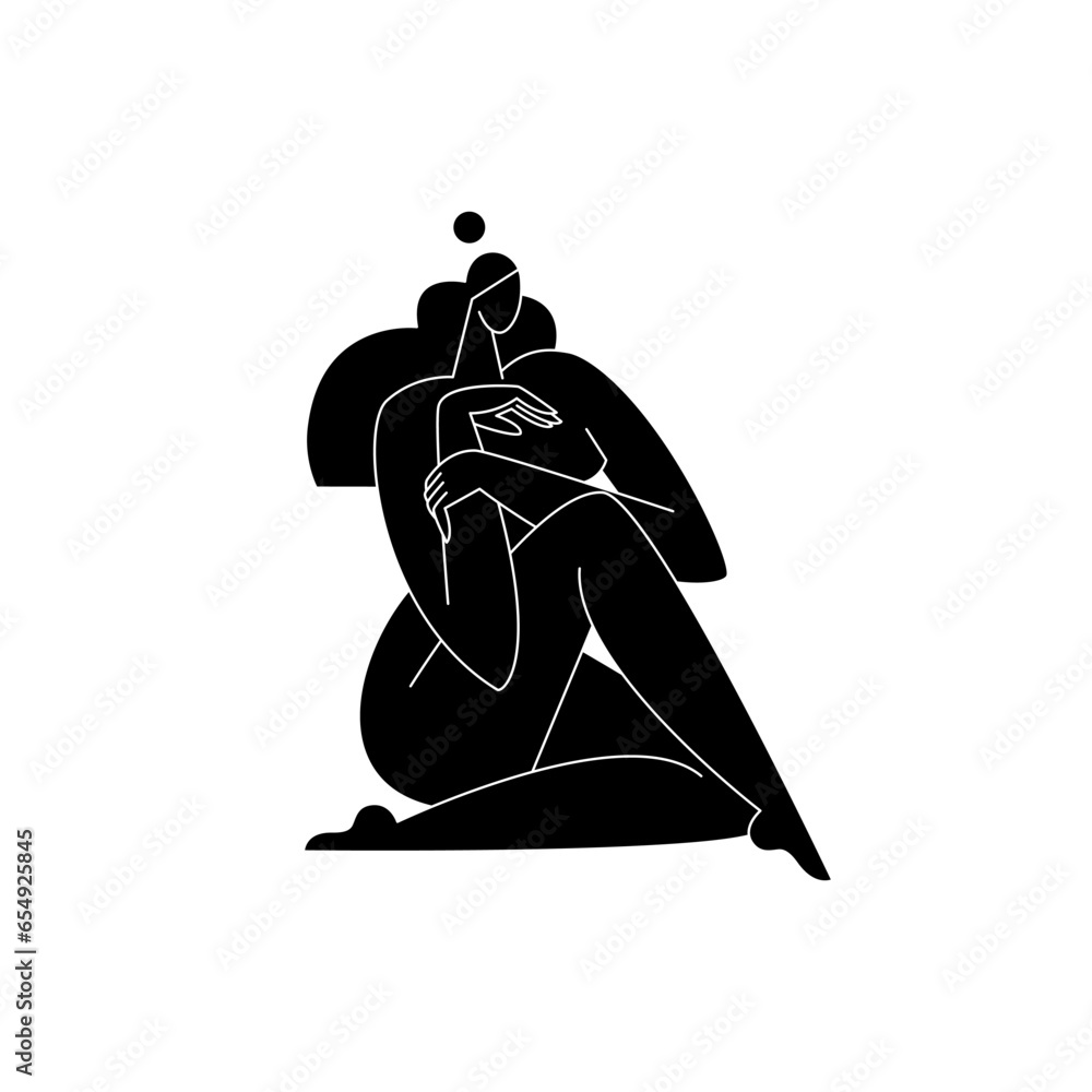 Fototapeta premium Contemporary female body vector illustration. Nude woman silhouette, abstract pose, feminine figure, modern graphic design. Beauty, self love, body care concept for logo, branding. Minimalism fine art