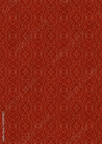 Hand-drawn unique abstract symmetrical seamless gold ornament on a bright red background. Paper texture. Digital artwork, A4. (pattern: p10-2f)