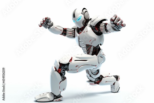 A robot performing a martial arts kick on a white background. Generative AI