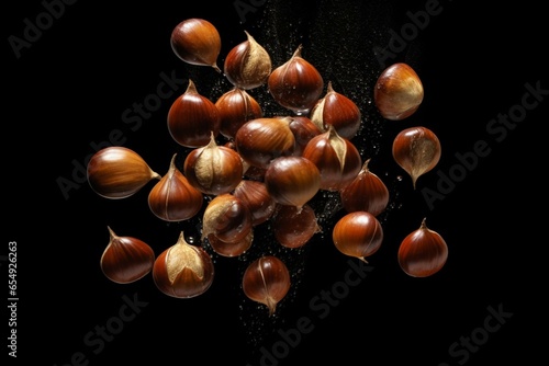 Chestnuts cascading, dropping, soaring, or splattering on dark backdrop. Generative AI