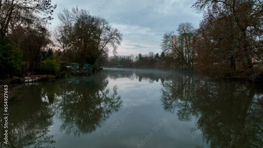 Close shot over a river in le Mans aerial France winter Close shot over a river in le Mans aerial France winter