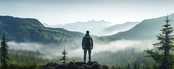 A lonely man enjoys the view of the summer mountains while he standing on a mountain peak. Hiking and digital detox concept. Contemplation of nature alone with your thoughts. Format photo 5:2.