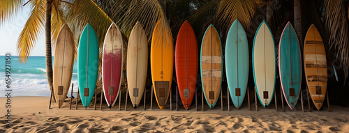 Wide vintage background of Colorful surfing board lay under the shade of coconut trees in tropical tourist beach photo