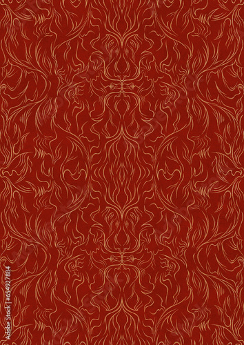 Hand-drawn unique abstract symmetrical seamless gold ornament on a bright red background. Paper texture. Digital artwork, A4. (pattern: p11-1d)