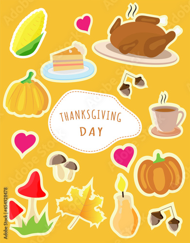 Thanksgiving day table with eats vector illustrations  cute things