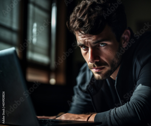 Intense Close-up of a Handsome Brunette Developer: Focused and Serious, He Delves Deep into Cybersecurity Challenges, Web Development, Network Analysis, and Compliance Audits photo