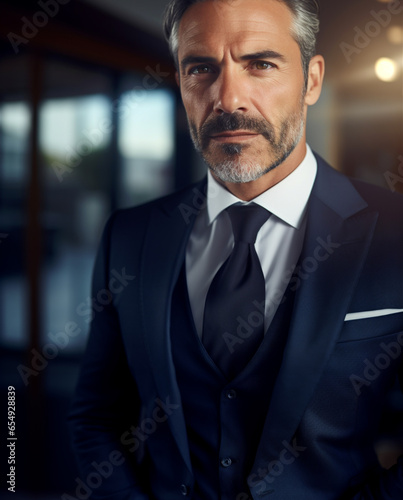Close-up Portrait of a Dynamic Caucasian Businessman in his 30s-40s: Exuding Elegance, Charm, and Virility, This Modern CEO with a Beard Stands as a Pillar of Confidence and Corporate Excellence
