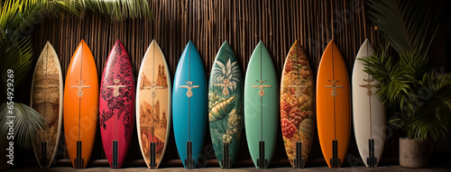 surfboards with colorful vector illustrations lay next to a wooden wall 