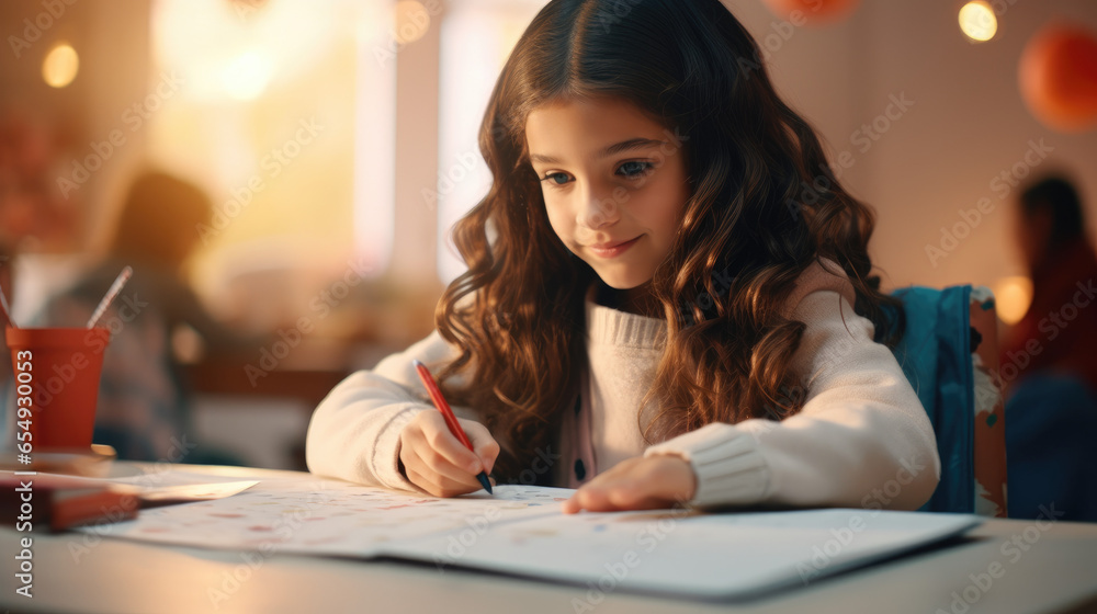 Peaceful Study Time - Little Girl Studying and Doing Her Homework in the Classroom Peaceful Study Time - Little Girl Studying and Doing Her Homework in the Classroom