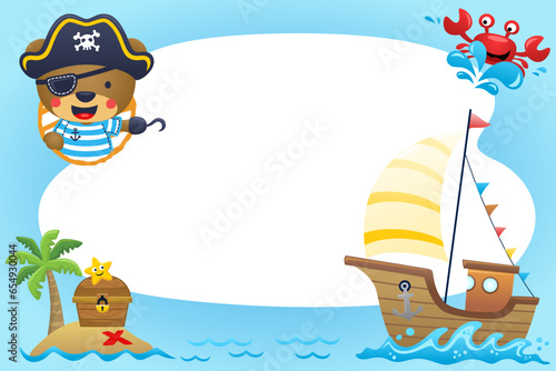 Cute bear pirate with pirate sailing element on blank sign background. Vector cartoon illustration