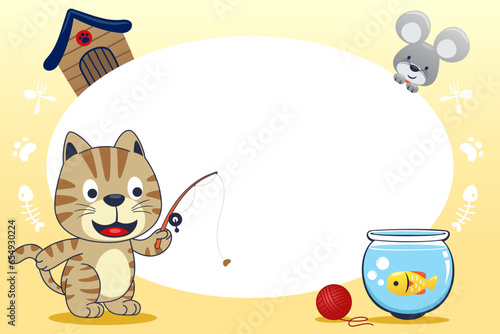 Cute pet with blank sign. Funny cat with mouse fishing. Pet elements  vector illustration