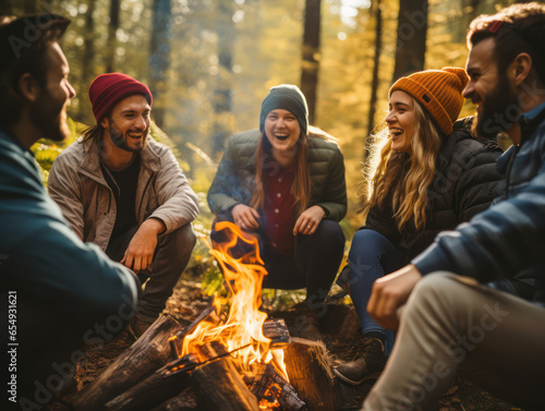 Friends laughing happily and enjoying campfire in nature at night