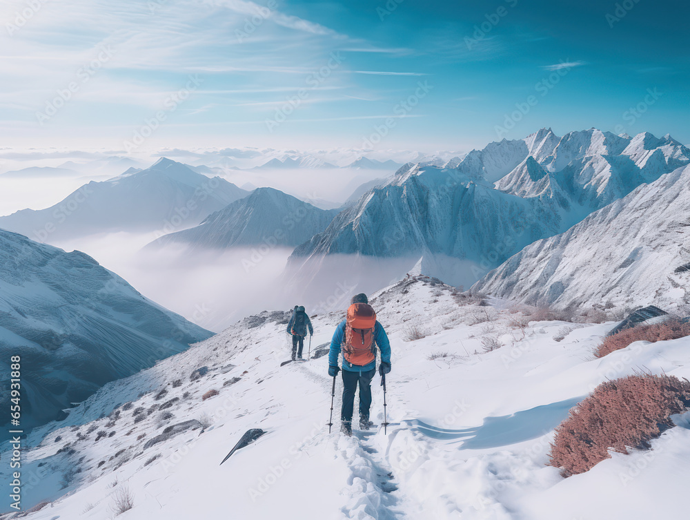 A group of skiers walking along a snowy ridge with ski equipment in backpacks on a sunny day