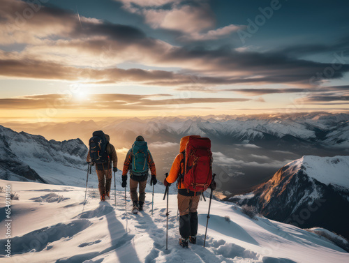 A group of skiers walking along a snowy ridge with ski equipment in backpacks in the morning