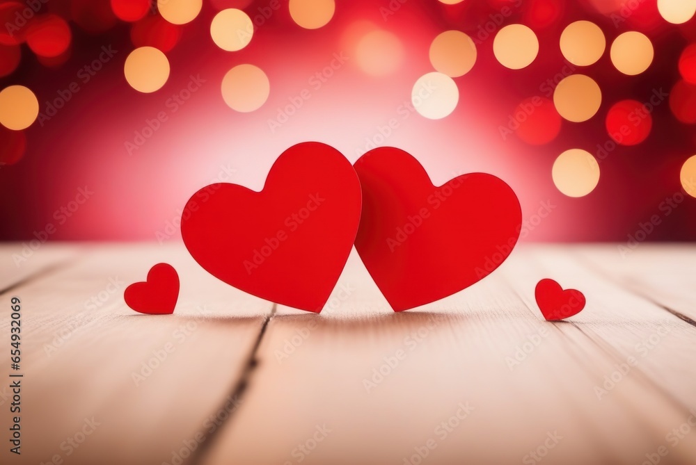 Saint Valentine day greeting card with two red hearts against festive bokeh background. Saint Valentine day greeting card with two red hearts against festive bokeh background.
