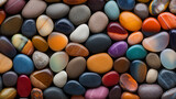 Background image of smooth multi-colored pebbles, top view.