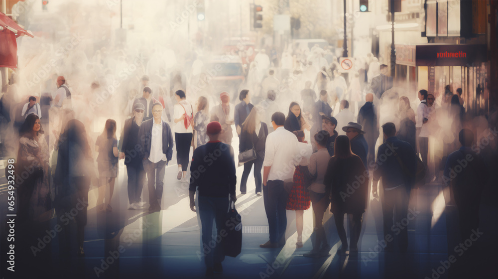 On the street, a throng of people appears as a hazy, unrecognizable mass..