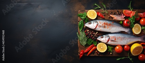Fresh fish with herbs spices and veggies on a vintage background healthy food diet or cooking idea with copyspace for text