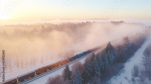 A colorful winter scene unfolds as a cargo train cuts through a dense forest from above..