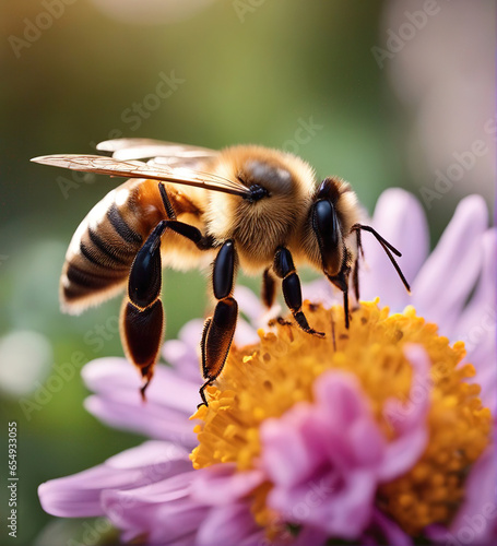 Bee in flight over a flower, nature macro photography. © Cobalt